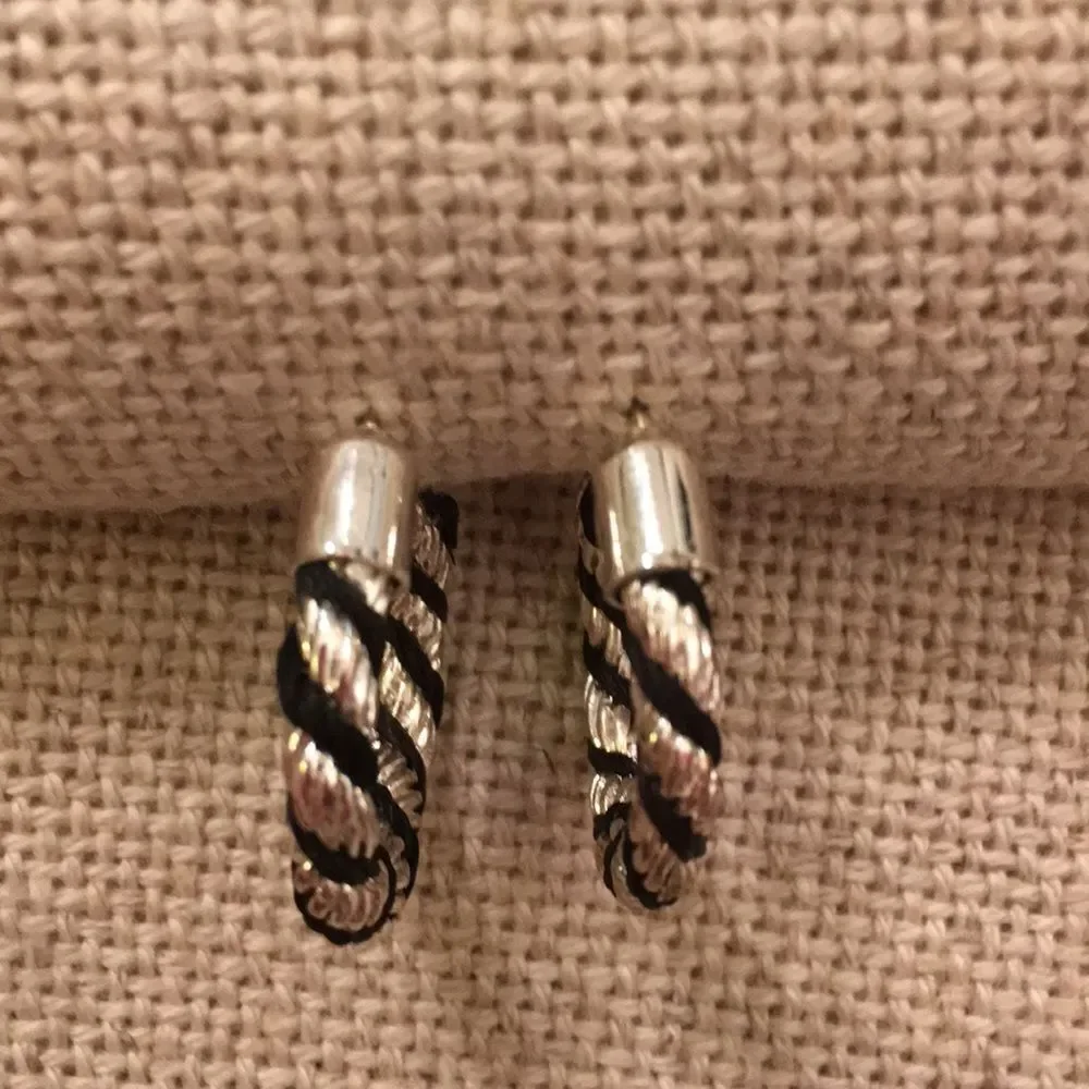 Silvertone Twisted Earrings with Black Cord